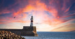 Sunrise at Freaerburgh  Lighthouse, Aberdeenshire, Scotland, UK.Fraserburgh Harbour is situated in Aberdeenshire in the North-East corner of Scotland and is ideally positioned for the fishing grounds 