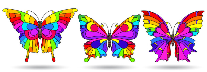 A set of illustrations in a stained glass style with bright rainbow butterflies, insects isolated on a white background