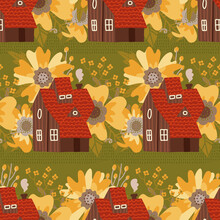 Cozy Small Houses Among Big Flowers Seamless Pattern Background. Summer Country Landscape. Flat Vector Illustration.