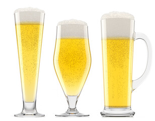 Wall Mural - Set of fresh beer in different mugs with bubble froth isolated on white.