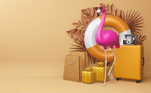 Pink Flamingo And Suitcase With Flower, Summer Season, Summer Template 3d Rendering