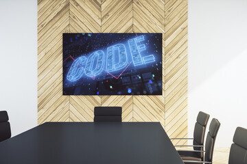 Poster - Creative Code word hologram on presentation tv screen in a modern meeting room, artificial intelligence and neural networks concept. 3D Rendering