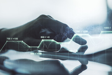 Poster - Double exposure of abstract creative statistics data hologram with finger clicks on a digital tablet on background, statistics and analytics concept