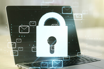 Poster - Creative light lock illustration with postal envelopes on modern computer background, cyber security and email protection concept. Multiexposure