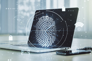 Aufkleber - Multi exposure of creative fingerprint hologram on laptop background, personal biometric data concept