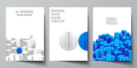 Poster - Vector layout of A4 cover mockups templates for brochure, flyer layout, booklet, cover design, book design. 3d render vector composition with dynamic realistic geometric blue shapes in motion.