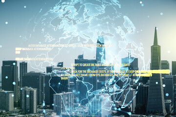 Poster - Abstract virtual coding illustration and world map on San Francisco cityscape background, international software development concept. Multiexposure