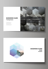 Poster - Vector layout of two creative business cards design templates, horizontal template vector design with colorful hexagons, geometric shapes for tech background.