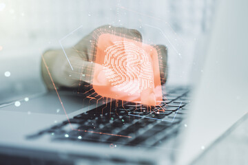 Poster - Multi exposure of abstract fingerprint scan interface with hands typing on computer keyboard on background, digital access concept