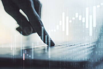 Multi exposure of abstract creative financial chart with hand typing on computer keyboard on background, research and analytics concept