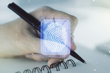 Poster - Abstract creative fingerprint illustration with man hand writing in diary on background, personal biometric data concept. Multiexposure