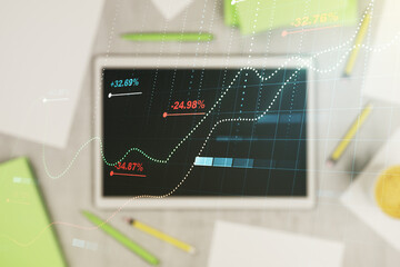 Poster - Multi exposure of stats data illustration and modern digital tablet on background, top view, computing and analytics concept