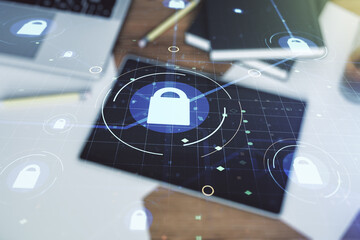 Aufkleber - Creative lock illustration with microcircuit and modern digital tablet on desktop on background, top view, cyber security concept. Multiexposure