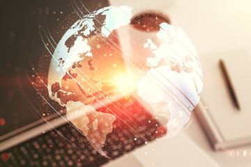 Poster - Double exposure of abstract digital world map on computer background, big data and blockchain concept