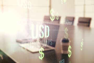 Creative concept of EURO USD symbols illustration on modern laptop background. Trading and currency concept. Multiexposure