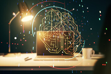 Poster - Creative artificial Intelligence concept with human brain sketch on modern computer background. Double exposure