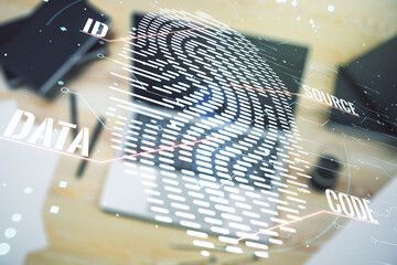 Poster - Double exposure of abstract creative fingerprint hologram on computer background, protection of personal information concept