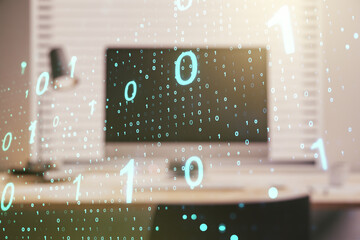 Poster - Creative abstract binary code hologram on modern computer background, AI and machine learning concept. Multiexposure