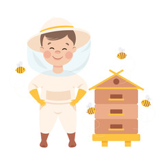 Sticker - Little Boy with Wooden Beehive Representing Apiarian Profession Vector Illustration