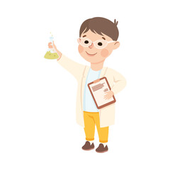 Sticker - Little Boy in Laboratory Coat with Flask Representing Scientist Profession Vector Illustration