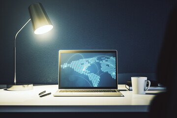 Aufkleber - Abstract creative world map with connections on modern laptop screen, international trading concept. 3D Rendering