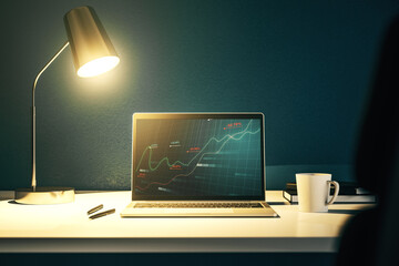 Computer monitor with abstract creative analytics data spreadsheet, analytics and analysis concept. 3D Rendering