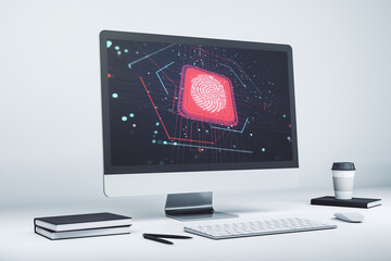 Abstract creative fingerprint hologram on modern computer monitor, protection of personal information concept. 3D Rendering