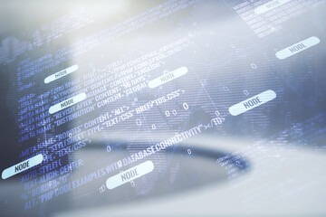 Poster - Multi exposure of abstract graphic coding sketch and world map on modern interior background, big data and networking concept