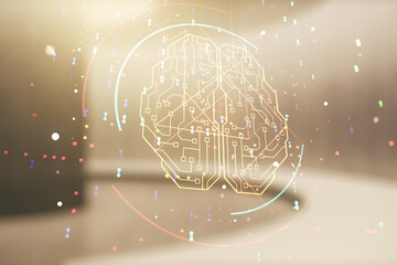 Poster - Virtual creative artificial Intelligence hologram with human brain sketch on empty corporate office background. Multiexposure
