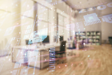 Poster - Multi exposure of abstract creative coding sketch on a modern furnished office background, artificial intelligence and neural networks concept