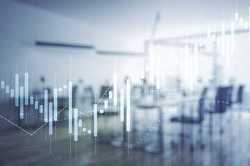 Poster - Abstract virtual financial graph hologram on a modern furnished office background, forex and investment concept. Multiexposure
