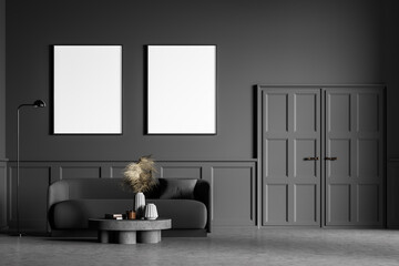 Living room design interior. Modern stylish home area. Two framed mock up posters on white wall. Concrete floor. Gray couch under the placards.