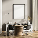 Fototapeta Panele - Stylish modern interior of dining room with design wooden round table, chairs, mockup framed poster to display art and elegant accessories in modern home decor. Template canvas concept.