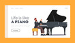 Artist Performing on Scene Landing Page Template. Pianist in Concert Costume Playing Musical Composition on Grand Piano