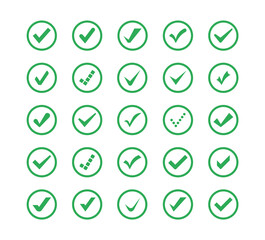 Wall Mural - Set of Check mark in green in circle. Check marks or ticks. Green confirm symbol. Vector icon confirm acceptance of a positive passed agreement on voting or completion of tasks in the list. Vector