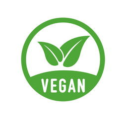 Vegan vector sign. Round green illustration with leaves for stickers, logos and labels. Icon vegetarian food. Vegan, no meat, lactose free, healthy, nonviolent food. Organic, bio, eco symbol. Vector