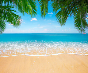 Wall Mural - green leaves of palm tree and tropical beach