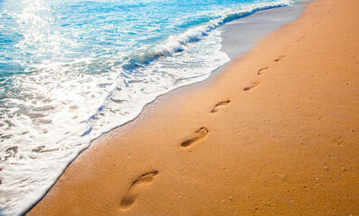 Wall Mural - footprints on tropical beach and beautiful wave