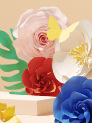 Poster - summer mockup background for product presentation. paper flower and podium on beige background. 3d r