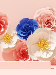 Wall Mural - Summer mockup background for product presentation. Paper flower and podium on pink background. 3d rendering illustration. Clipping path of each element included.