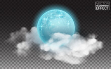 Realistic Full Blue Moon Isolated On Transparent. Vector Illustration Of 3d Moon With Clouds.