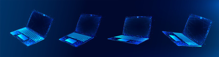 Poster - Modern web design vector template with laptop. Polygonal collection of blue notebooks. Laptop layouts.