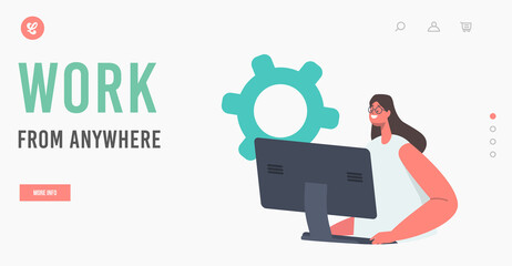 Wall Mural - Work from Anywhere Landing Page Template. Remote Worker Freelance Occupation, Woman Freelancer Character Working Distant