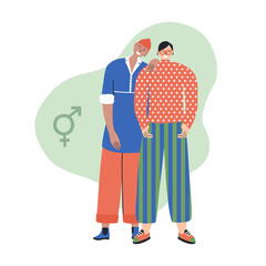 Wall Mural - Two happy yound people standing together close. Androgynous teenagers. Gender neutral appearance. Transgender, genderqueer. Pride and freedom concept. Vector hand drawn flat illustration