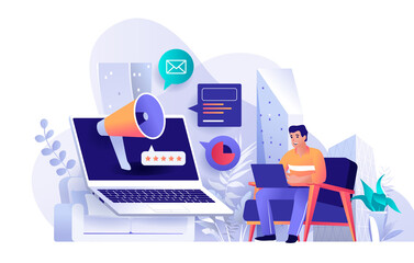Wall Mural - outbound marketing concept in flat design. business product promotion scene template. man works on l