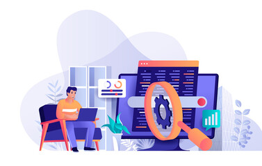 Poster - seo optimization concept in flat design. setting up search engine scene template. man works on lapto