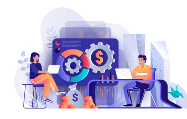 Poster - Financial management concept in flat design. Financial strategy to attract investment scene template. Team working in office, developing business. Vector illustration of people characters activities