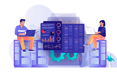 Data center technology concept in flat design. Server racks room of clouds computing scene template. Tech support, engineering process, networking. Vector illustration of people characters activities