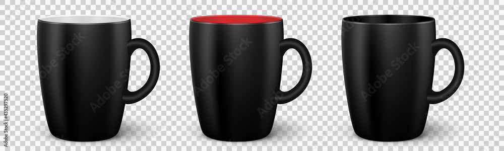 Set of vector black cups. Realistic coffee mugs with handle. Colletion of black cups with different  color inside for tea, coffee and hot beverage. Vector illustration EPS10 - obrazy, fototapety, plakaty 