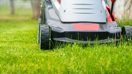 Poster - Lawn mower in front of a mown green lawn